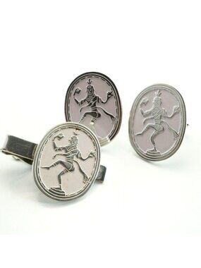 Vintage Swank Cufflinks Tie Clip Set Shiva Nataraja Hindu Silver Tone